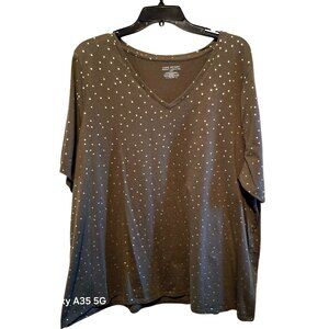 Lane Bryant Perfect Sleeve Tee 22/24 Olive Green With Gold Polka Dots V-Neck Rel
